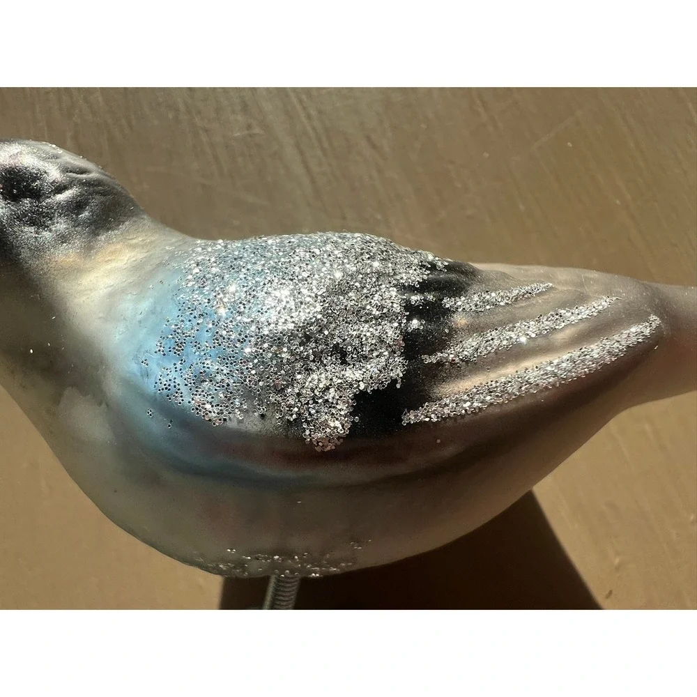 Inge-Glas Forest Finch Glass Ornament Silver Blue Clip-On Germany 34-718